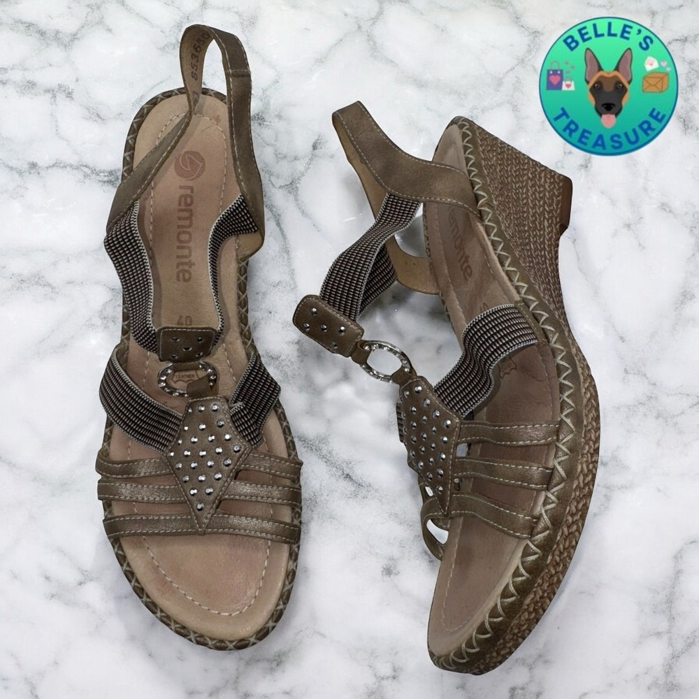 Remonte Womens Sandals 9 US 40‎ EU Brown Leather Rhinestone Platform Wedge Heels